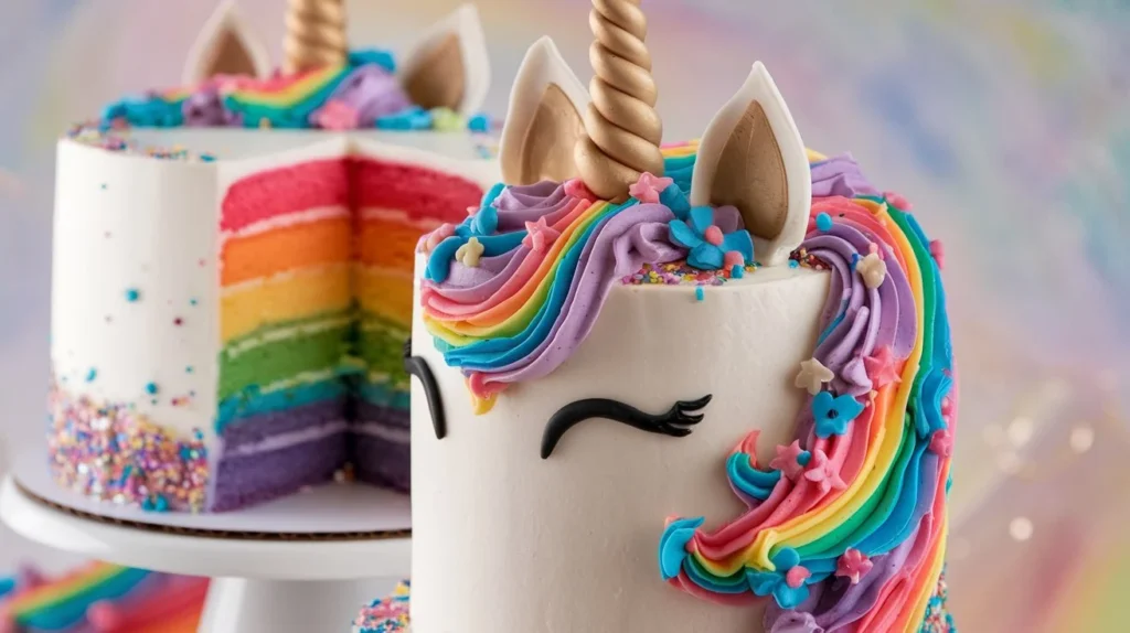 Unicorn cake with a second rainbow cake in the background