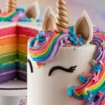 Unicorn cake with a second rainbow cake in the background