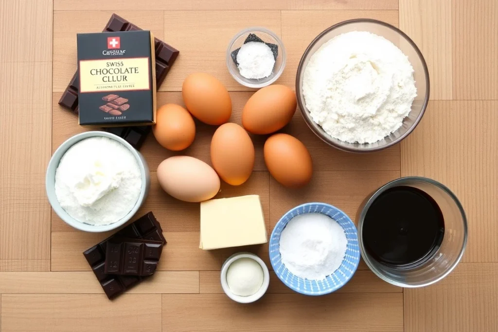 Ingredients for a Swiss chocolate chalet cake, including chocolate and eggs