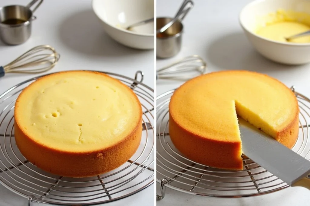 A close-up of a freshly baked round cake on a wire cooling rack. The cake has a golden-brown crust and a lighter, moist interior