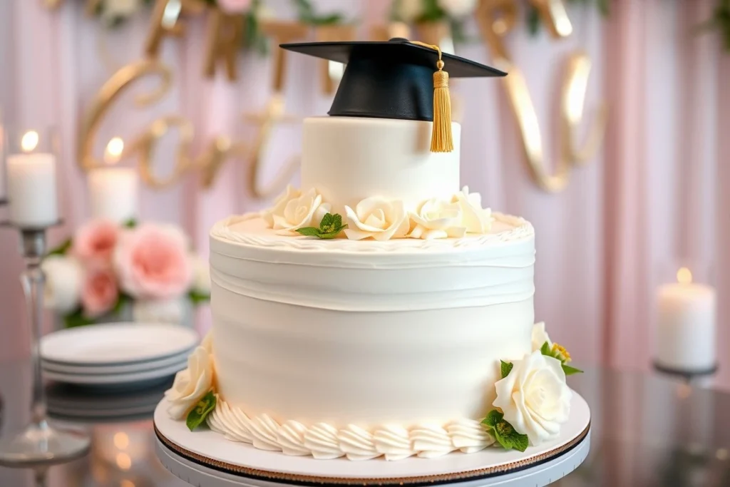 Elegant white graduation cake with cap topper