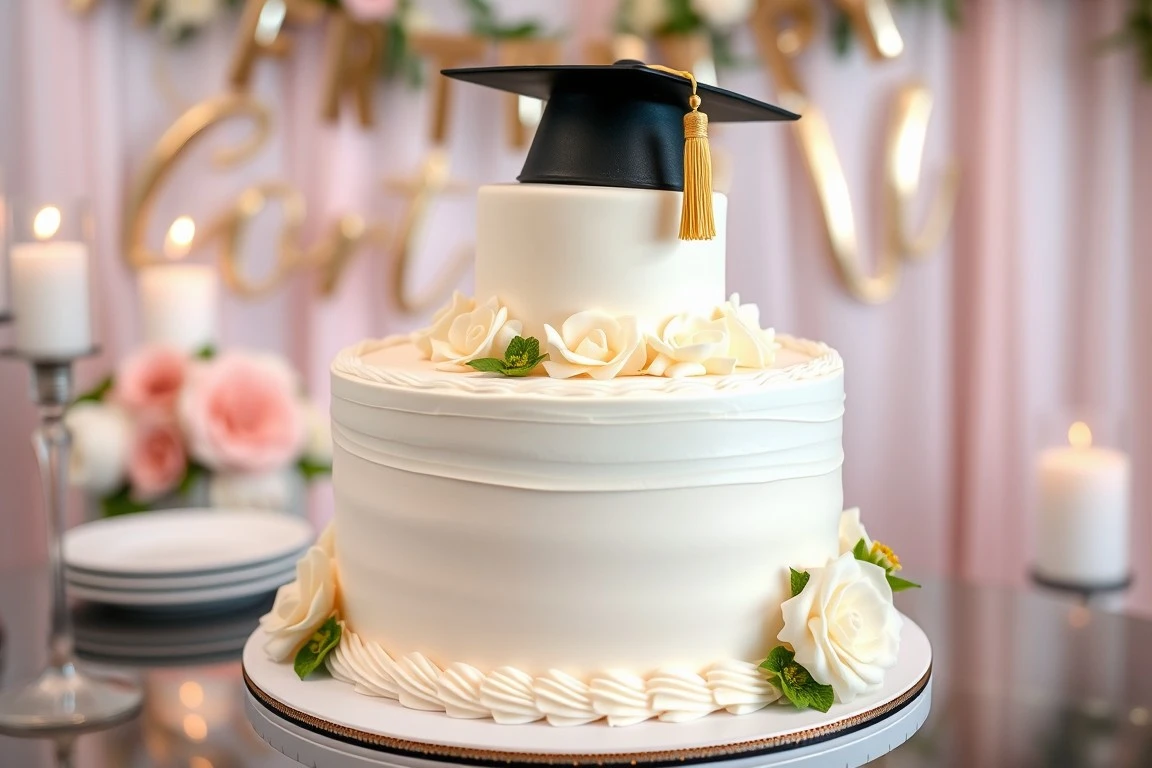 Elegant white graduation cake with cap topper