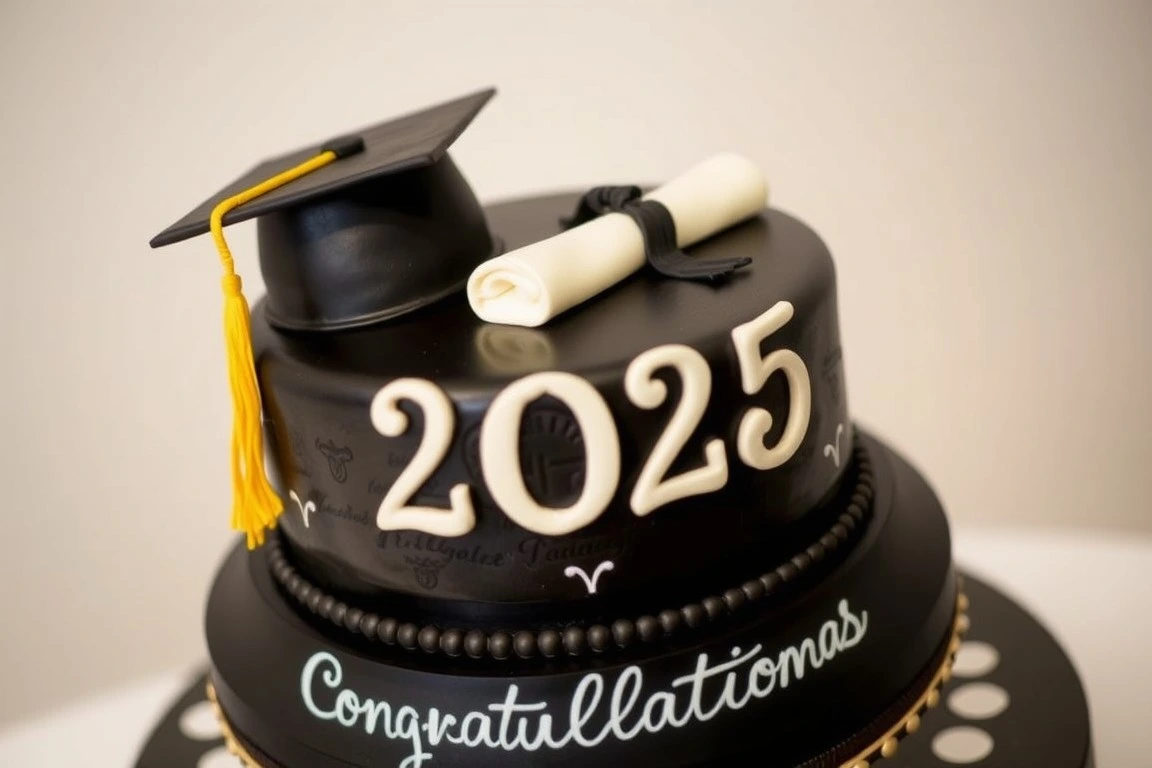 Elegant black graduation cake with year 2025