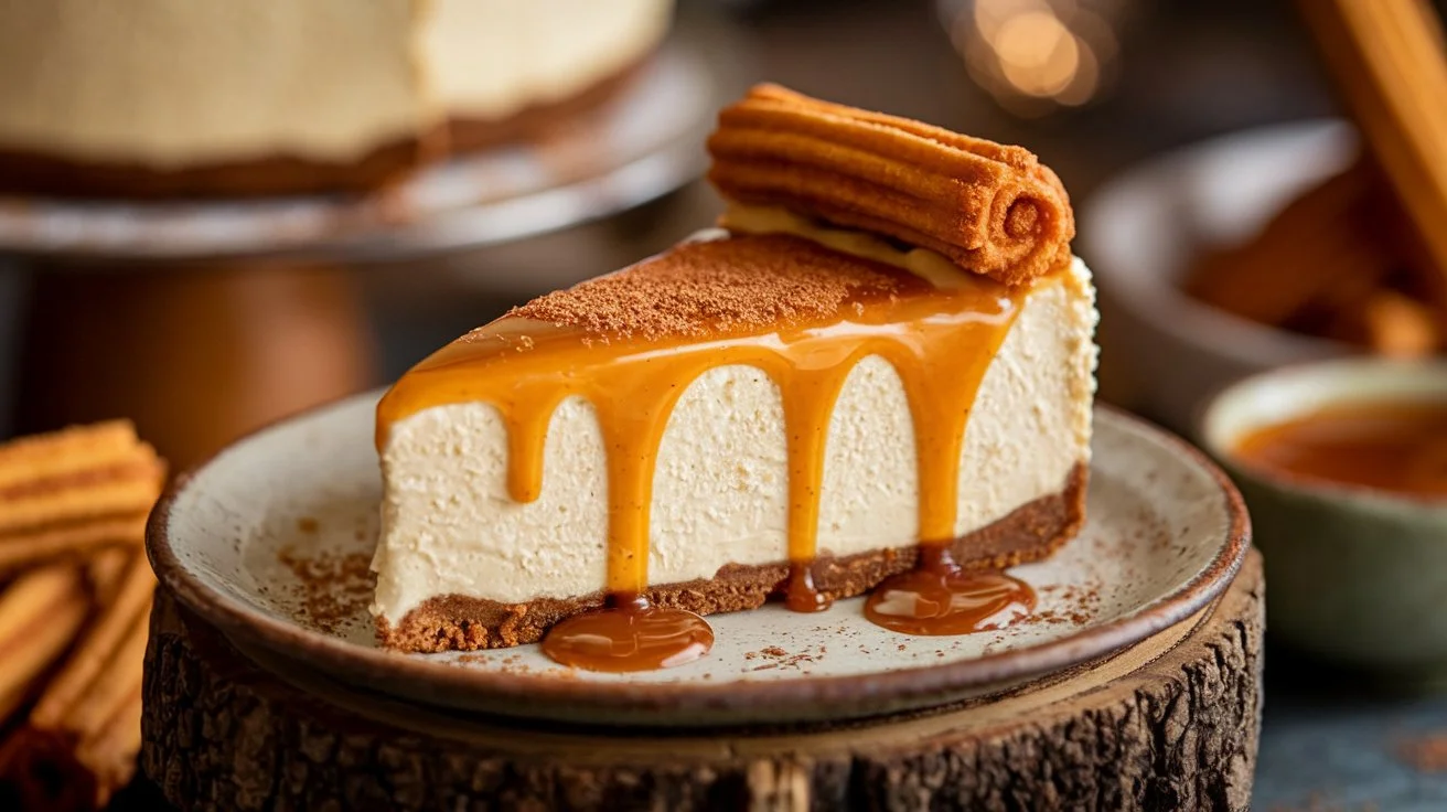 Churro cheesecake, a churro cheesecake recipe, with caramel drizzle and cinnamon topping