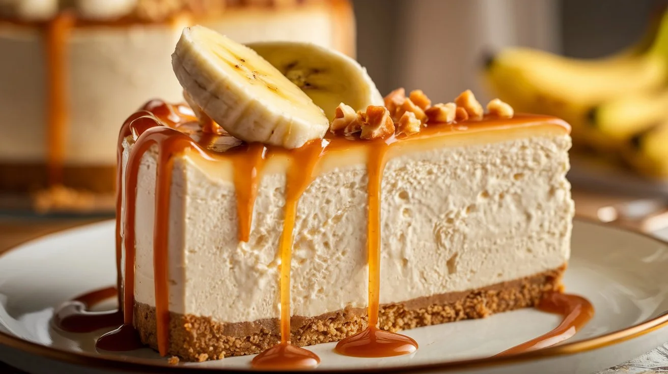 Slice of banana cheesecake with caramel drizzle and banana slices