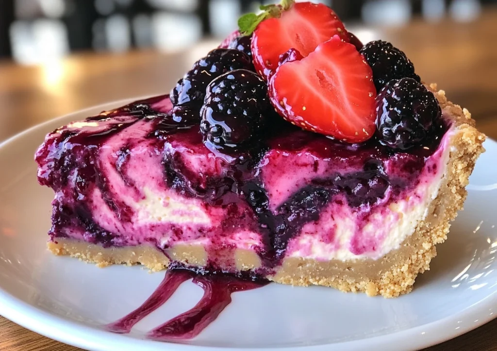 Close-up of blackberry cheesecake, a blackberry cheesecake recipe, with fresh blackberries