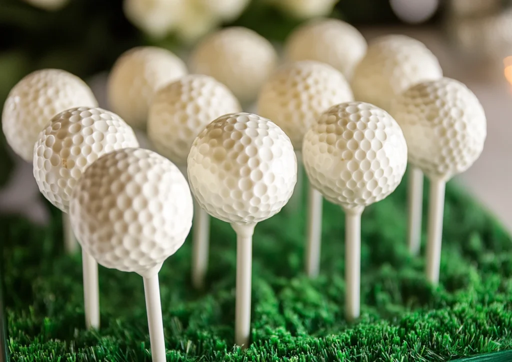 Close-up of golf ball cake pops with textured white coating