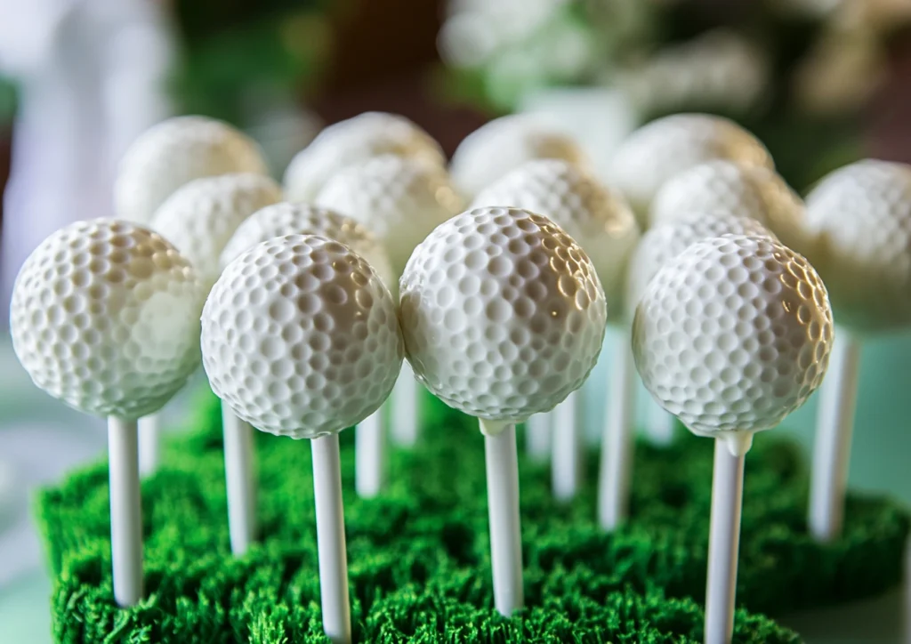 Close-up of golf ball cake pops with textured white coating