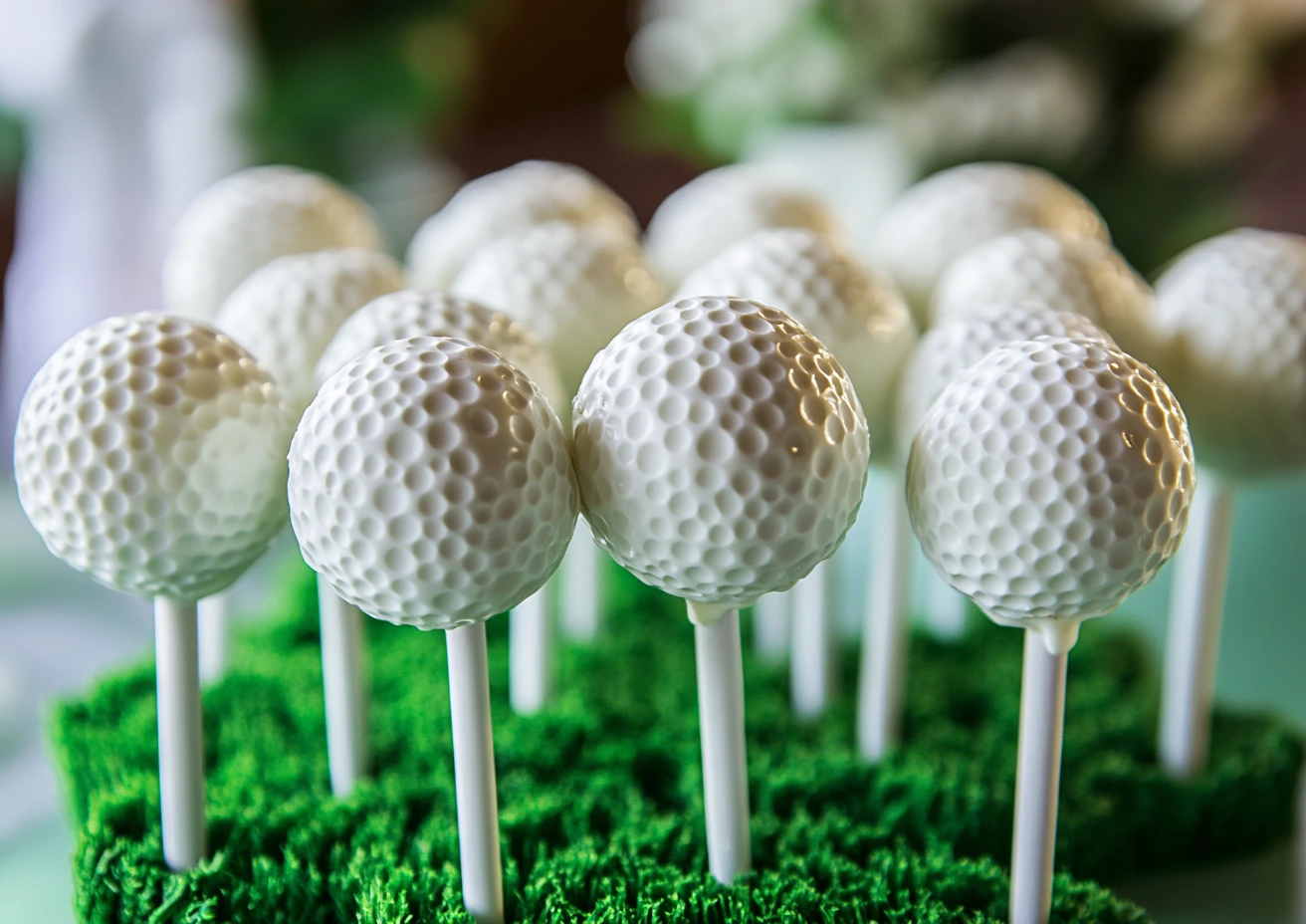Close-up of golf ball cake pops with textured white coating