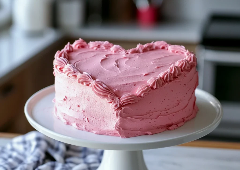 A pink heart cake with smooth buttercream frosting on a white cake stand.