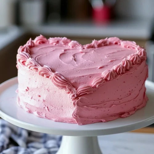 A pink heart cake with smooth buttercream frosting on a white cake stand.