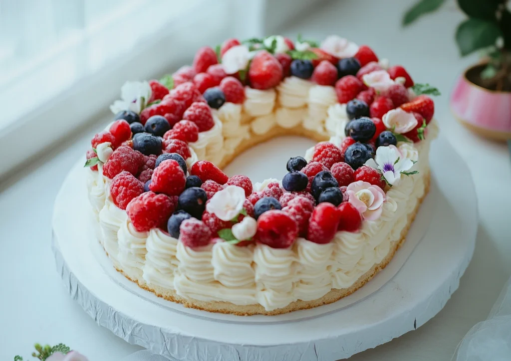 A letter cake with frosting and berries