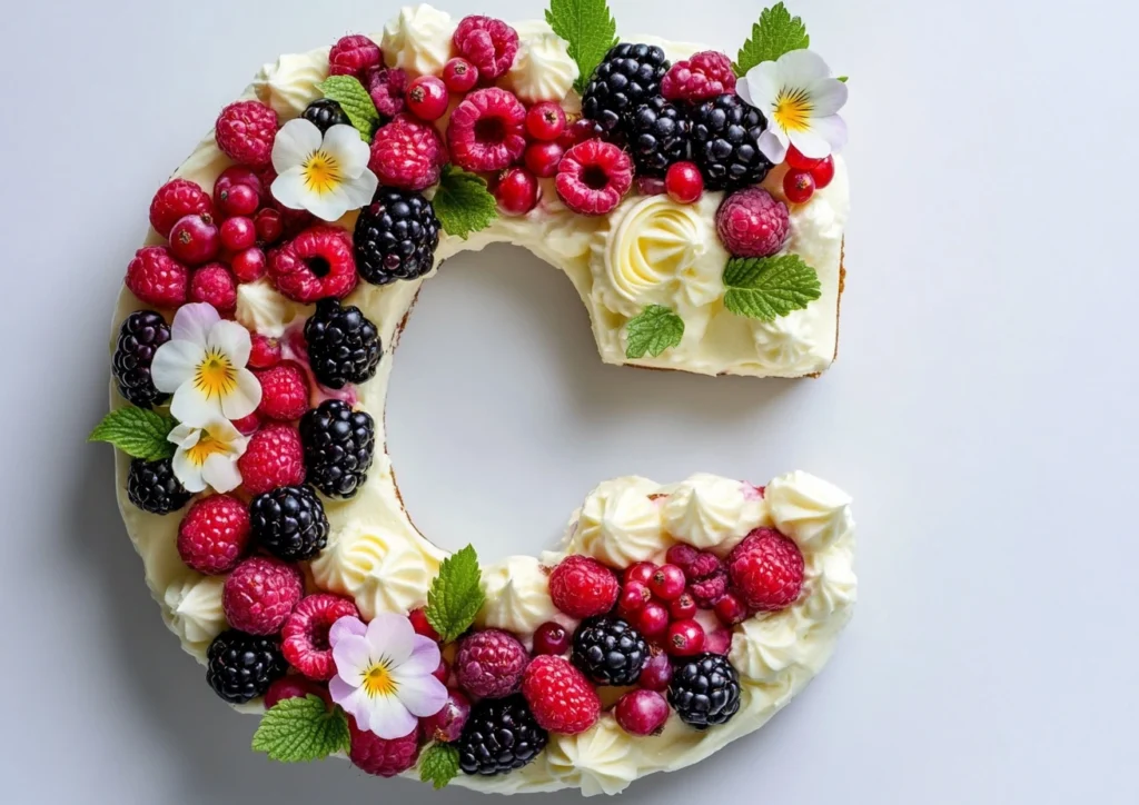 A letter cake with frosting and berries