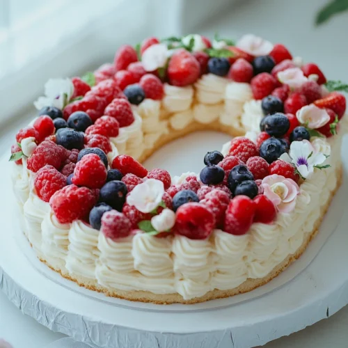 A letter cake with frosting and berries