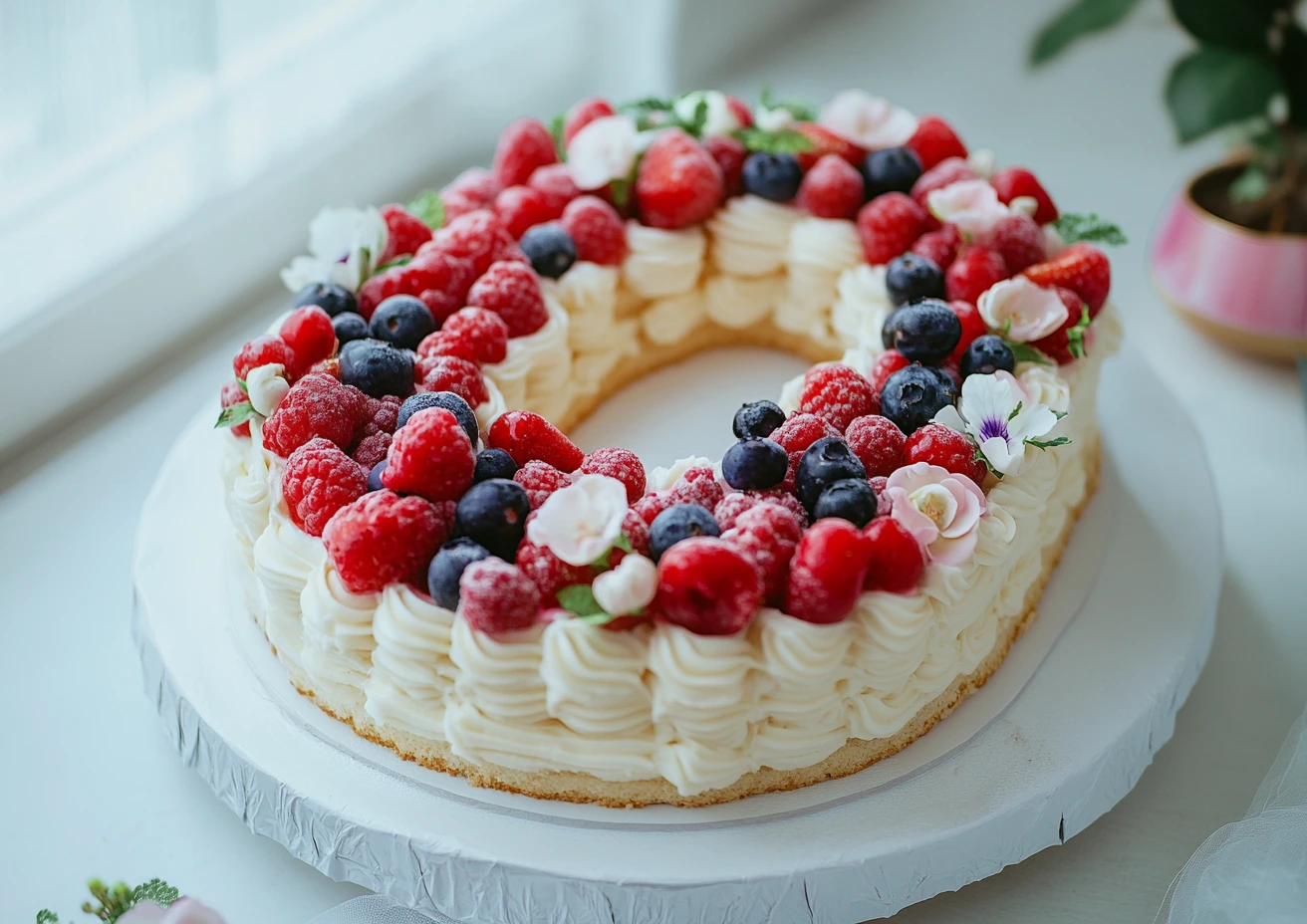 A letter cake with frosting and berries