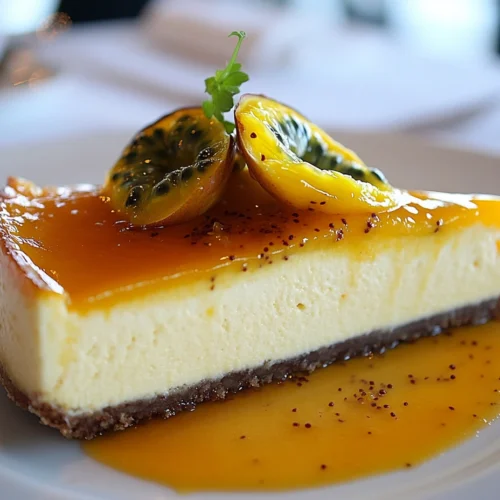 Slice of lilikoi cheesecake garnished with passionfruit