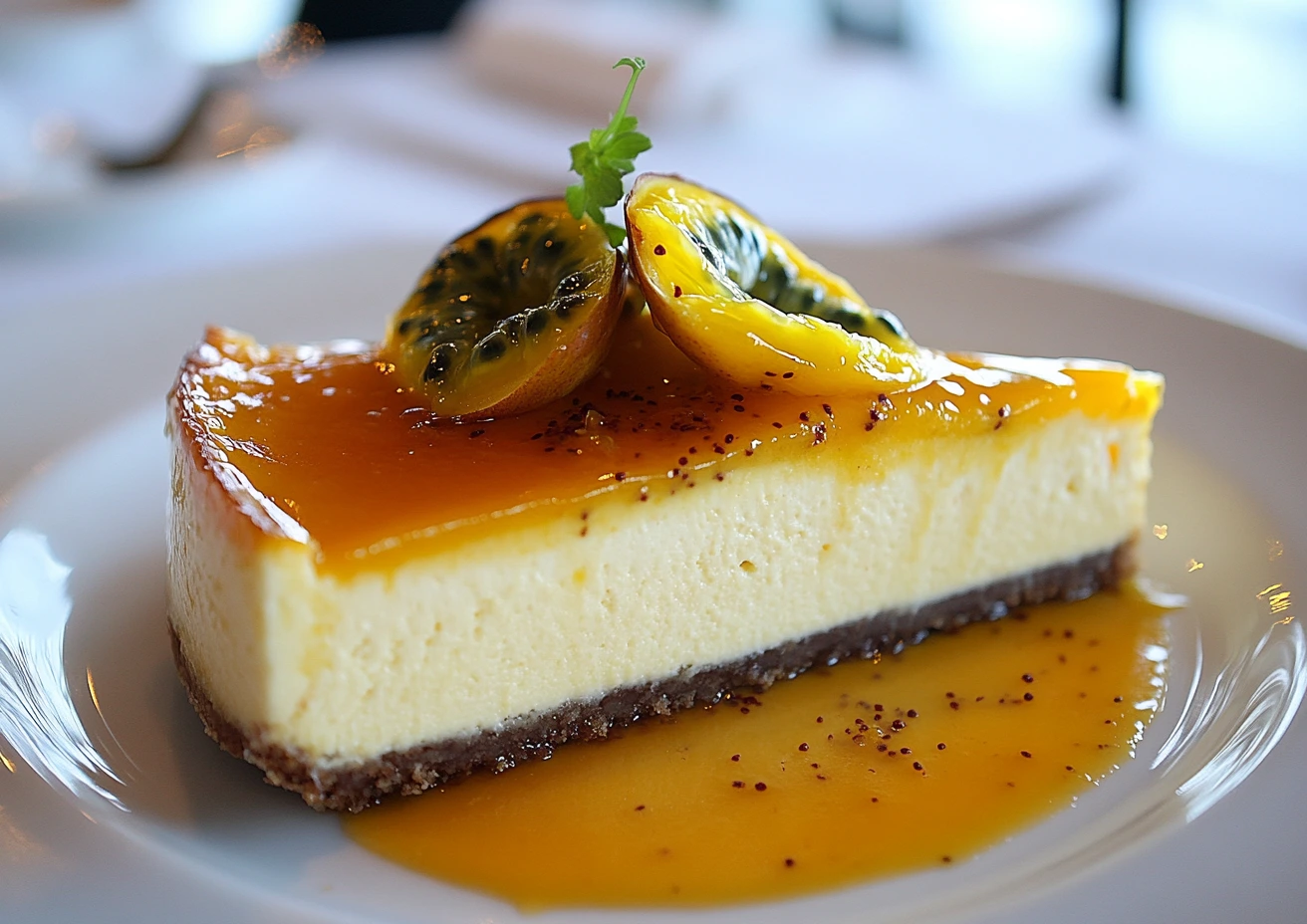 Slice of lilikoi cheesecake garnished with passionfruit