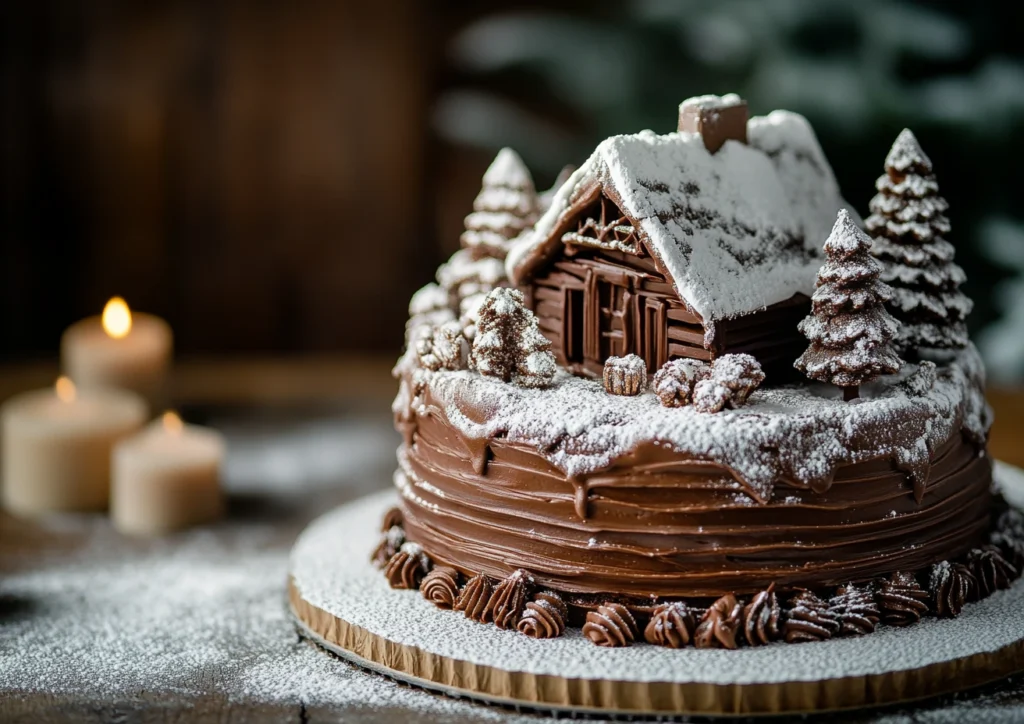 A Swiss chocolate chalet cake, topped with a miniature chocolate house