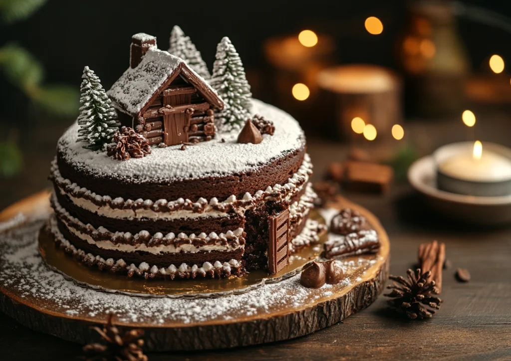 A Swiss chocolate chalet cake, topped with a miniature chocolate house