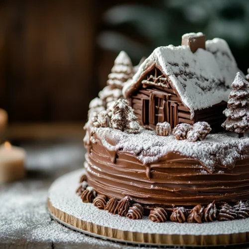 A Swiss chocolate chalet cake, topped with a miniature chocolate house