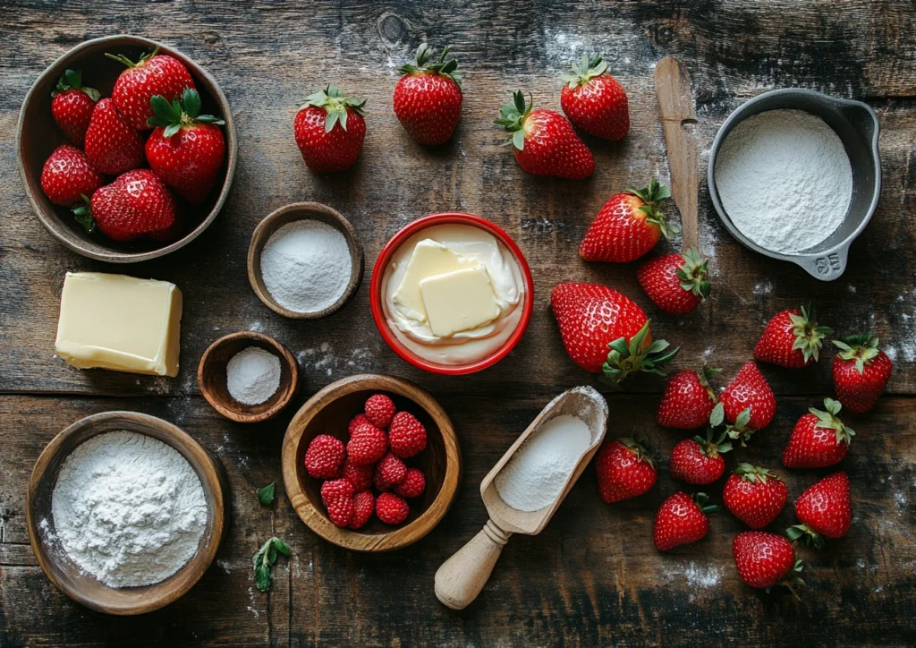 Ingredients for strawberry cheesecake cookies on a wooden surface.