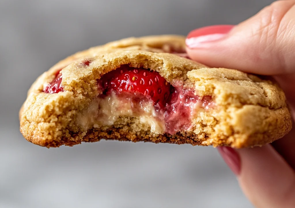 Cookie broken open to show soft, gooey center.