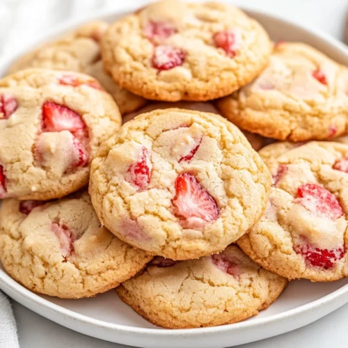 Strawberry cheesecake cookies with glaze on a white plate.
