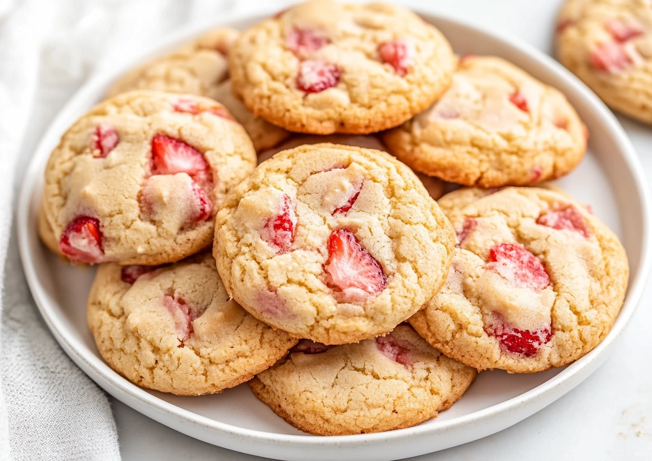 Strawberry cheesecake cookies with glaze on a white plate.