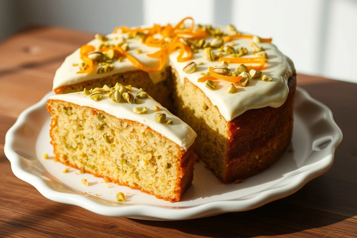 Sliced pistachio ricotta cake on a white plate