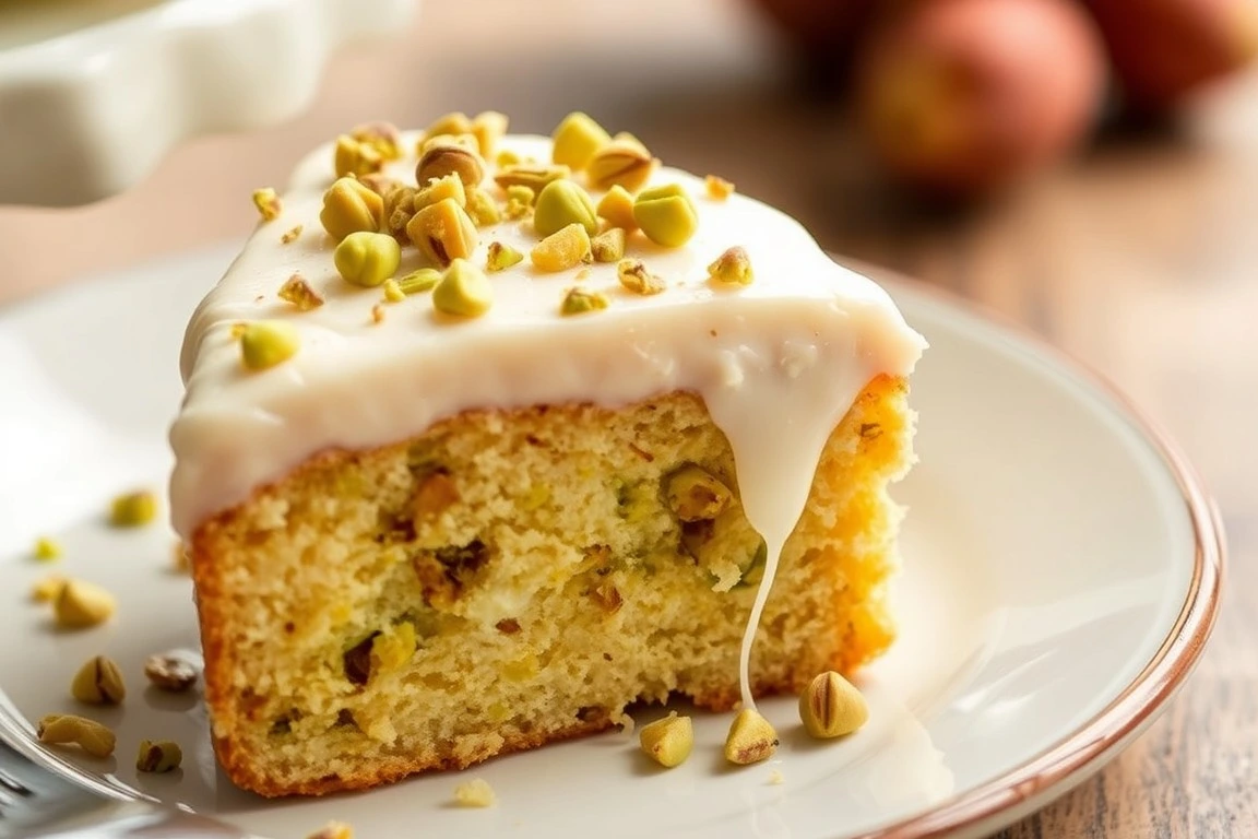 Single slice of pistachio ricotta cake with pistachio garnish