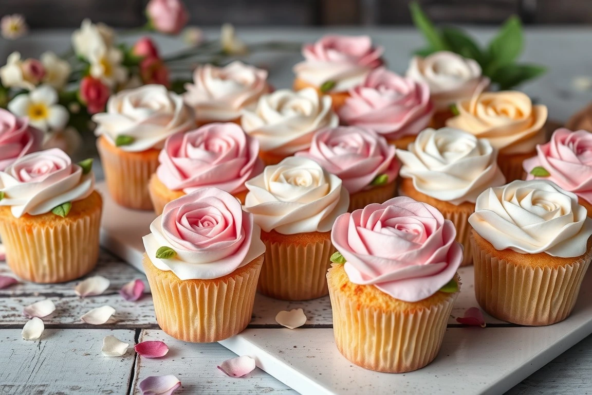 Rose frosting floral cupcakes on a serving tray
