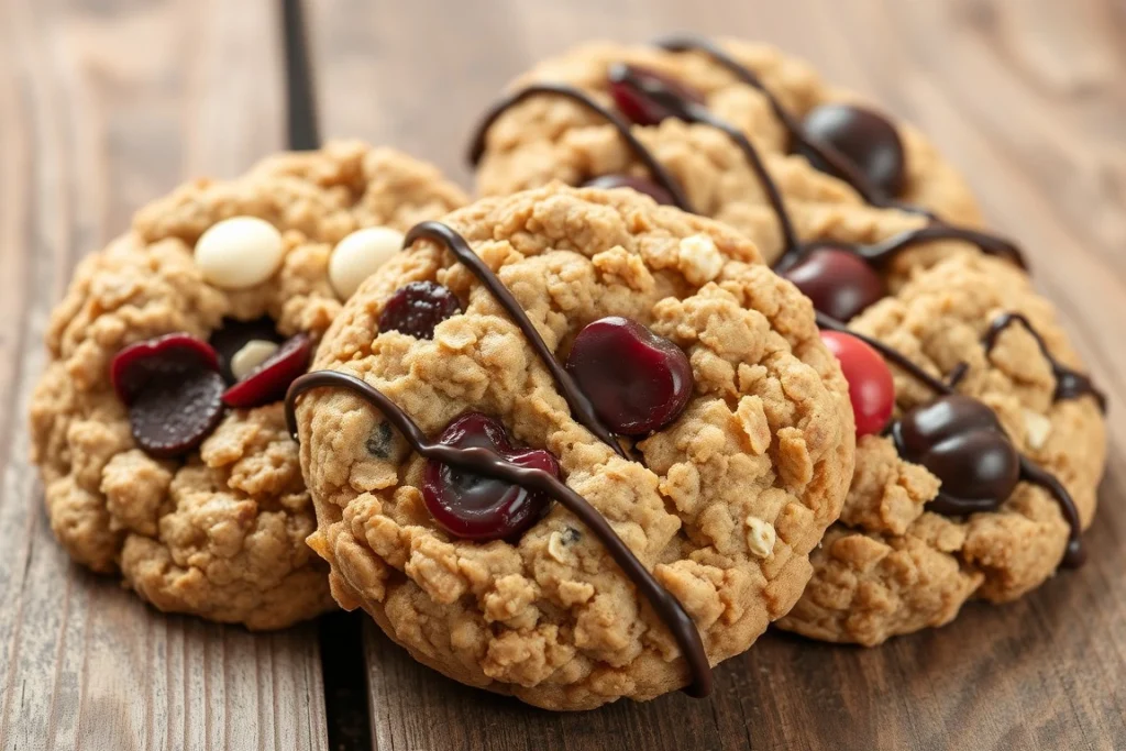 Close-up of oatmeal cherry cookies with chocolate drizzle