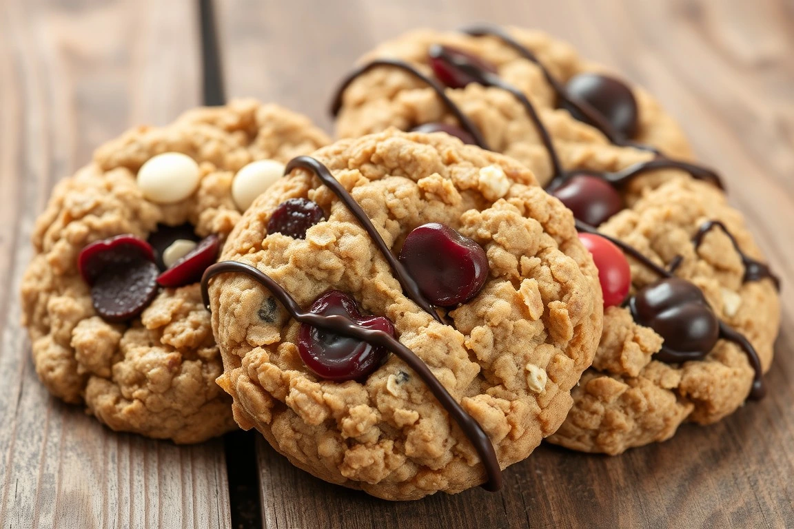 Close-up of oatmeal cherry cookies with chocolate drizzle