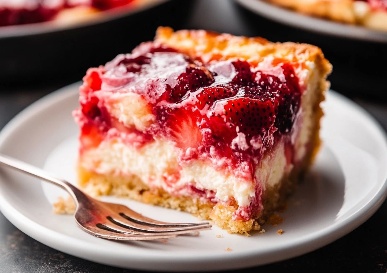 Slice of strawberry cheesecake dump cake on a plate