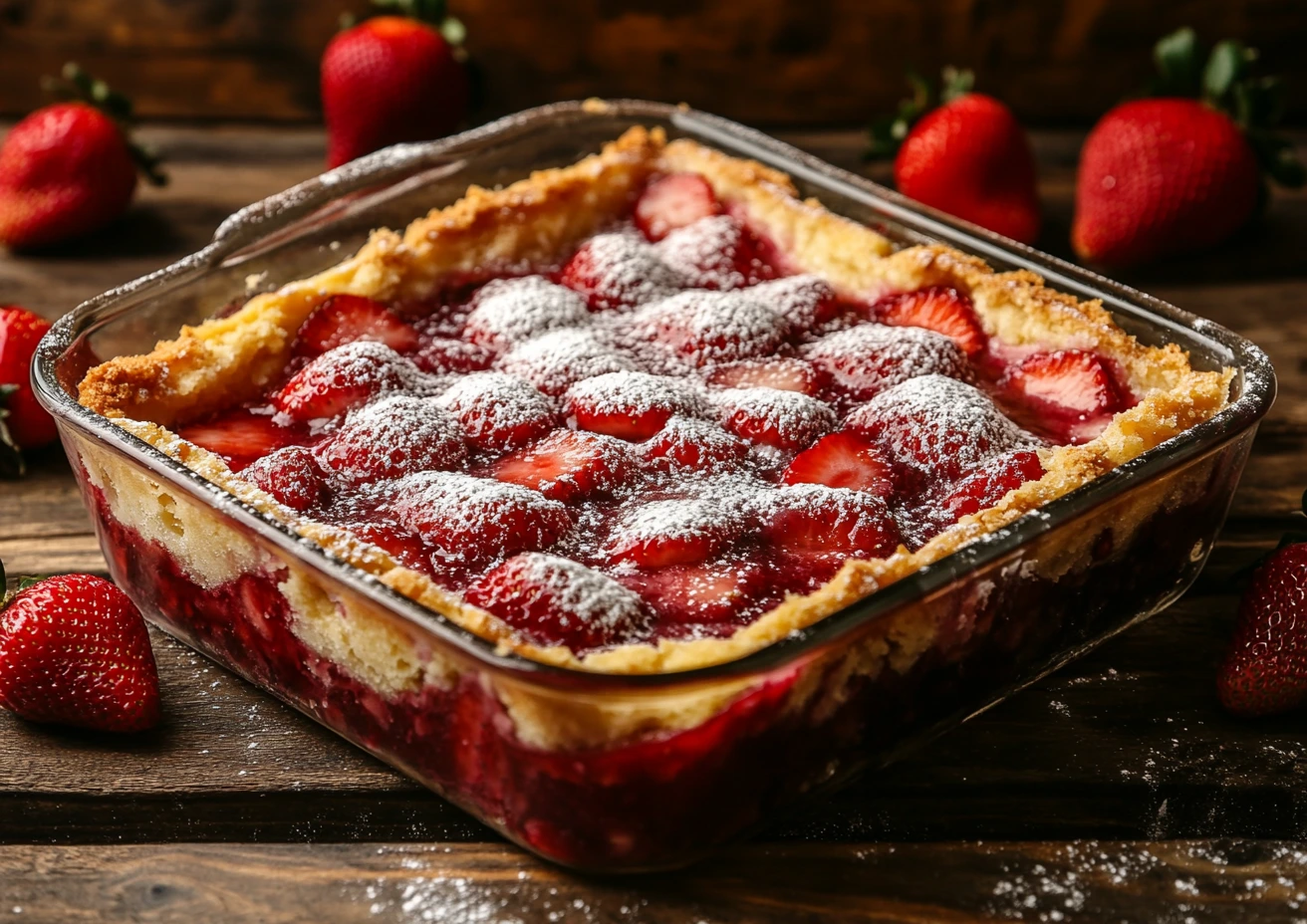 Whole strawberry cheesecake dump cake in a baking dish