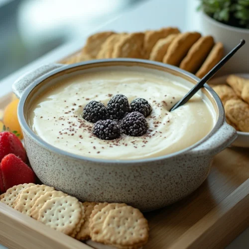 Cheesecake fondue with berries and crackers on a wooden tray