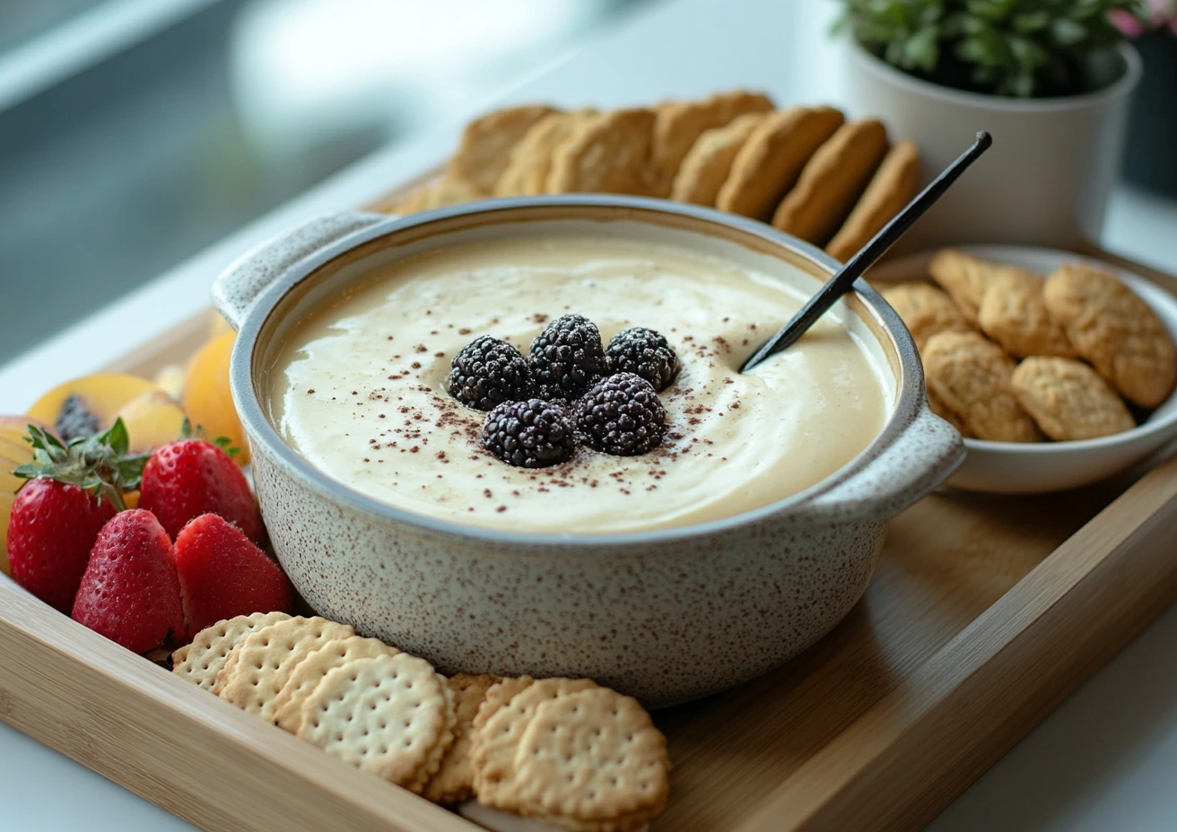 Cheesecake fondue with berries and crackers on a wooden tray