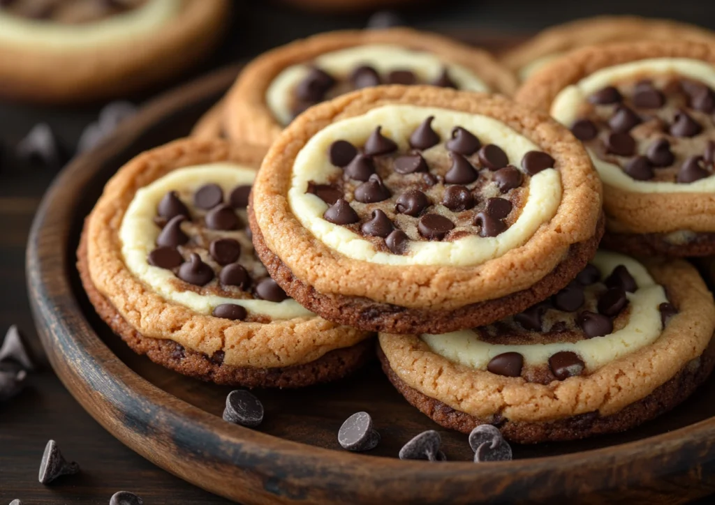 Layered chocolate chip cheesecake cookies on dark plate