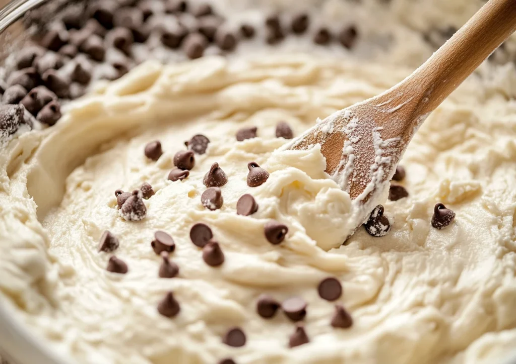 Cookie dough being mixed with chocolate chips