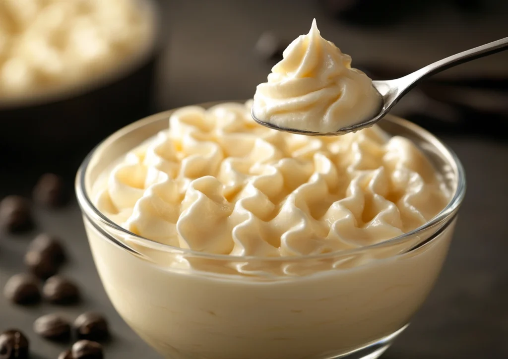 Creamy cheesecake filling in glass bowl