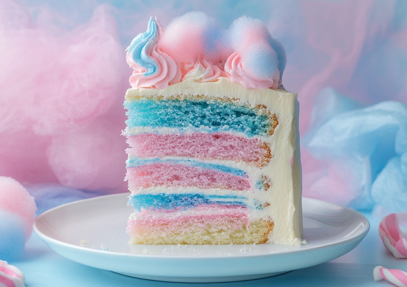 Slice of cotton candy cake with colorful layers
