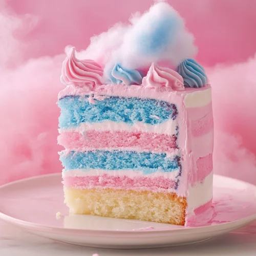 Slice of cotton candy cake against a pink cloud backdrop