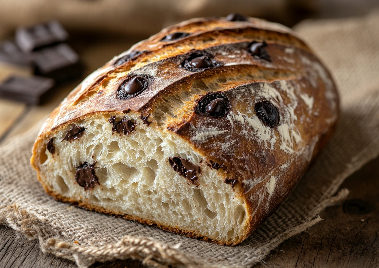 Chocolate chip sourdough bread loaf on a burlap cloth