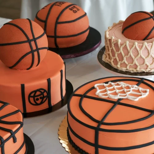 Several basketball cakes on a table