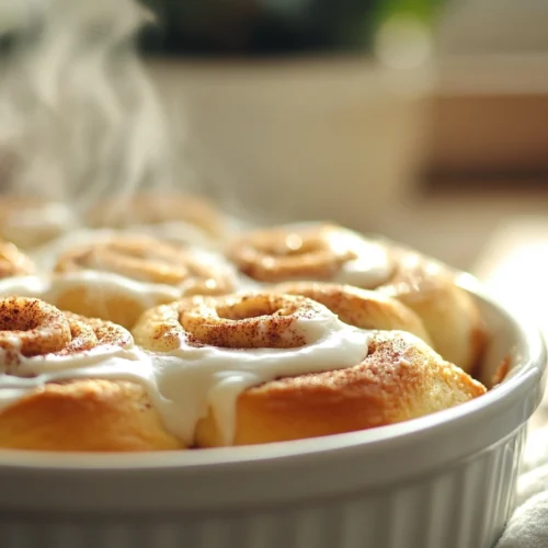 Steaming cinnamon rolls in a white dish