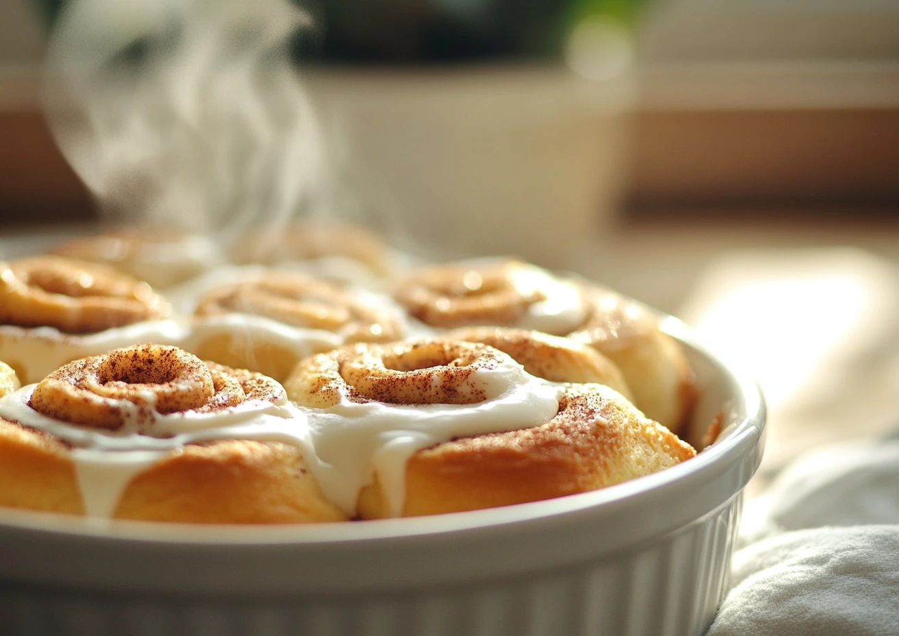 Steaming cinnamon rolls in a white dish