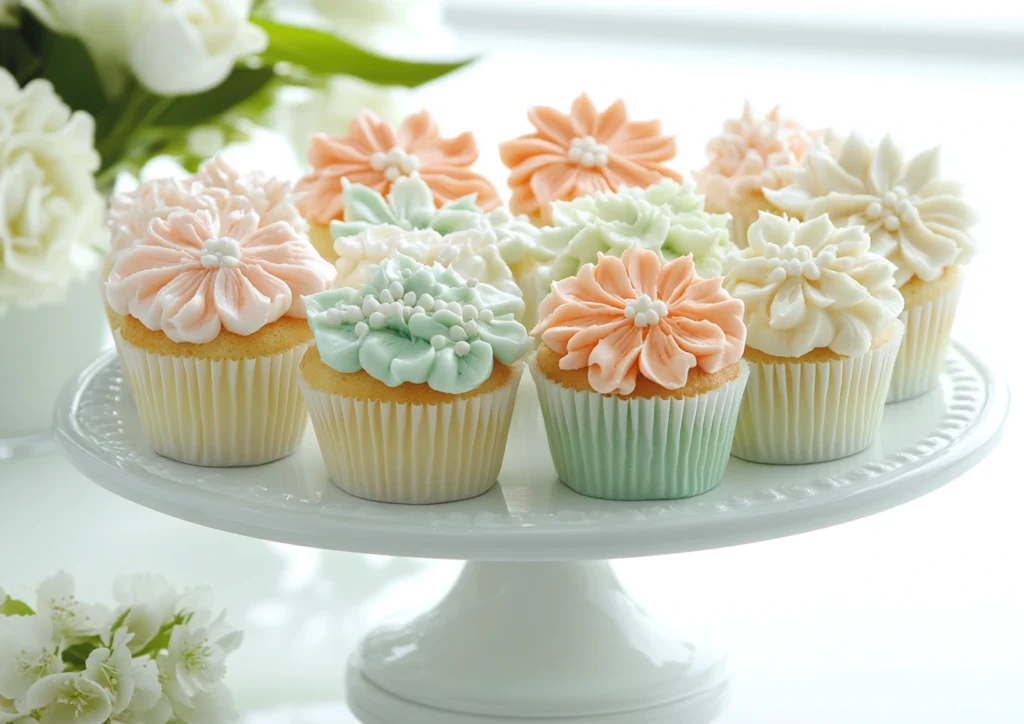 Floral cupcakes with a flower and foliage design on a stand