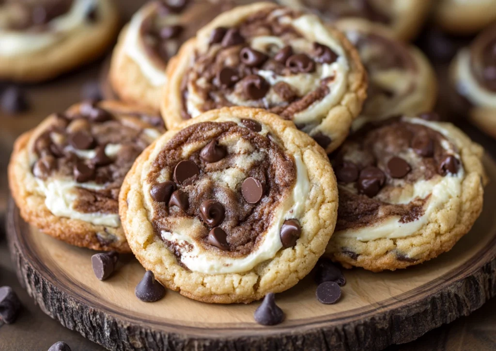 Chocolate chip cheesecake cookies on a wooden plate