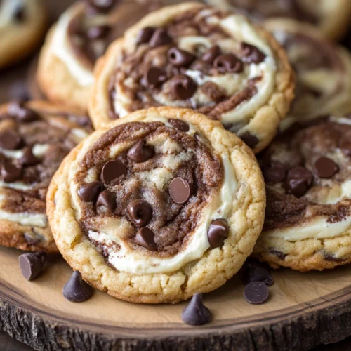 Chocolate chip cheesecake cookies on a wooden plate