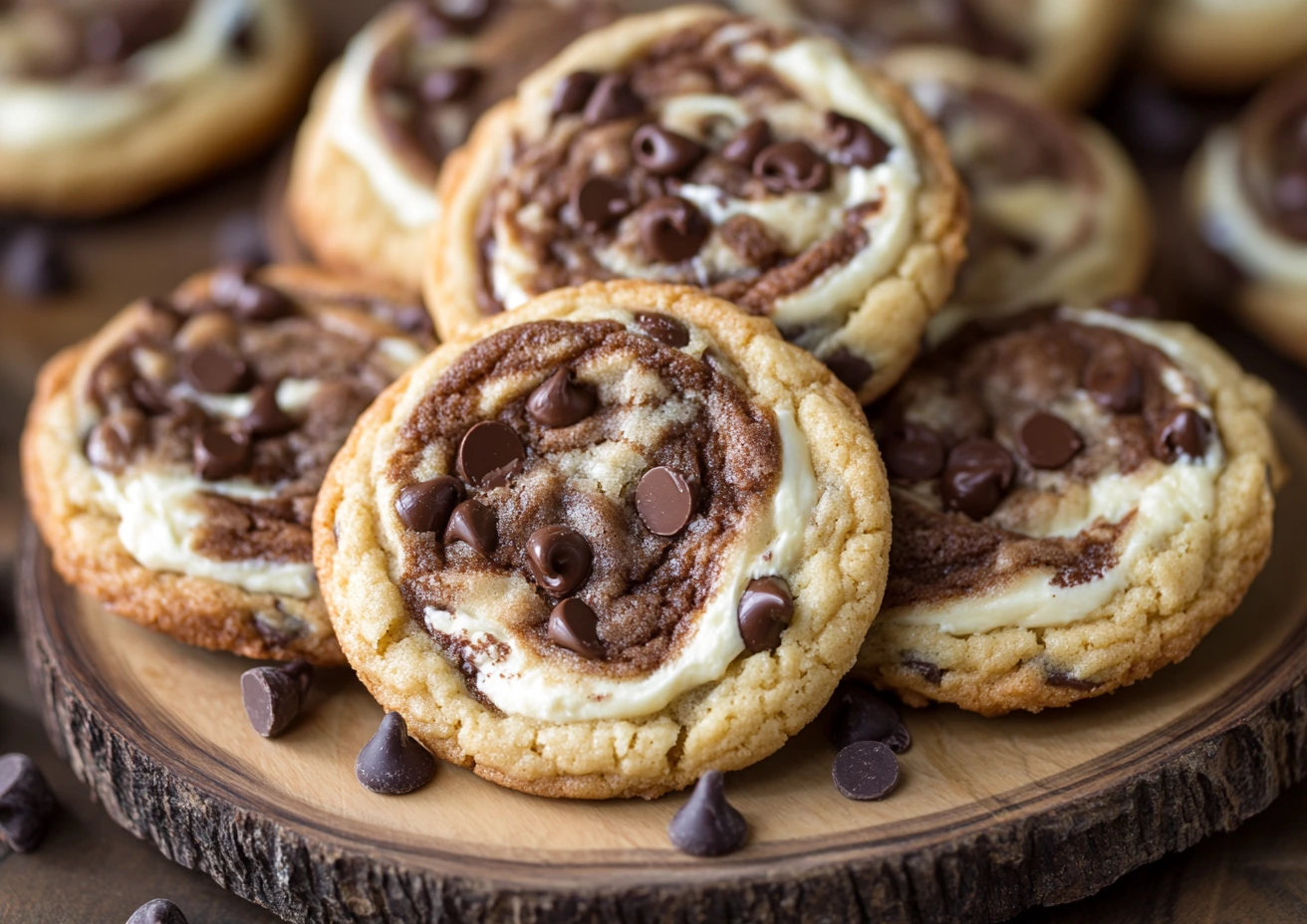 Chocolate chip cheesecake cookies on a wooden plate